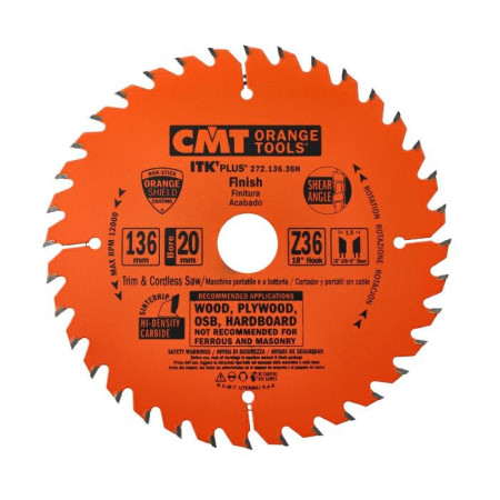 Пильний диск по дереву з тонким пропилом CMT 136х20х36 (272.136.36H)
